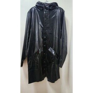 RAINS Long Jacket W3 Women's Black Hooded Rain Coat Button Snap Front Size M